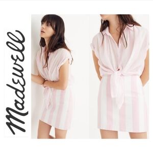 🌺Madewell Gamine Skirt in Cara Stipe Pink & White Mini Cotton  Canvas Zip…